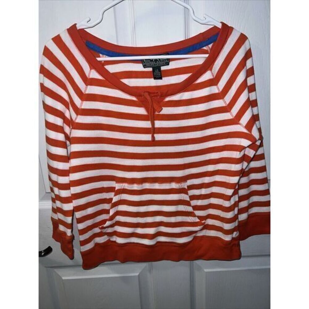 Lauren Ralph Lauren Active Women's Sweater Large Orange/White Striped 3/4 Sleeve